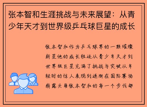 张本智和生涯挑战与未来展望：从青少年天才到世界级乒乓球巨星的成长轨迹