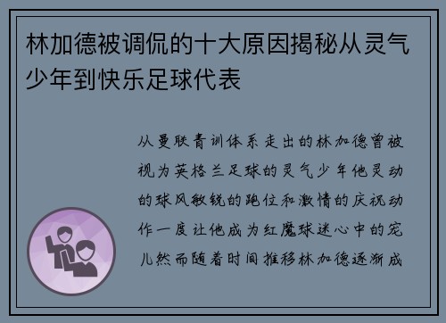 林加德被调侃的十大原因揭秘从灵气少年到快乐足球代表 林加德被调侃的十大原因揭秘从灵气少年到快乐足球代表